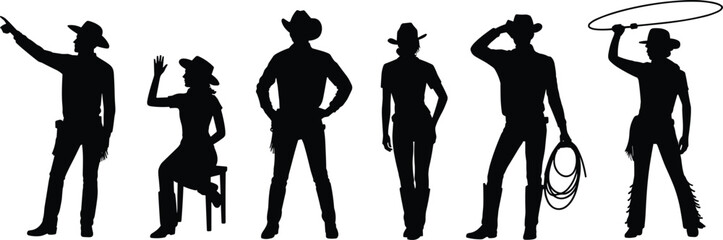 Cowboy silhouette character vector set with iconic Western poses and accessories for culture, lifestyle, and illustration themes.
