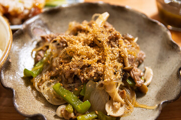 ごまをたっぷりかけた牛肉と春雨の和風炒め料理