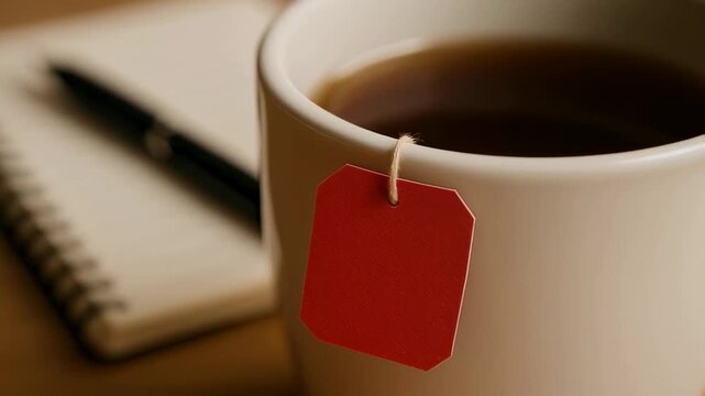Close up of white mug with hot tea and red tag beside open notebook and pen on warm, cozy wooden desk surface