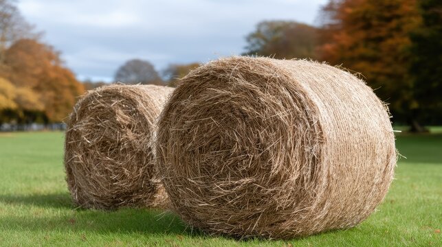 Golden straw bales sit in a field after harvest against a clear blue sky in an autumn countryside landscape with trees in the background
