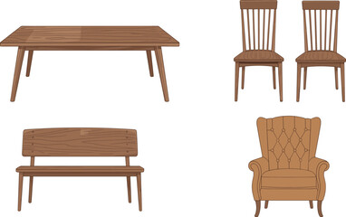 Furniture silhouette vector set with table, chairs, bench, and armchair for interior, lifestyle, and design illustration themes.