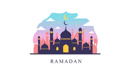 Fototapeta premium Elegant illustration of a mosque silhouette with Ramadan-themed sky and