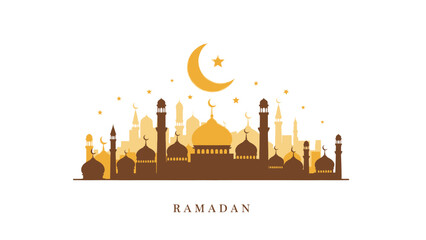 Serene Ramadan Night Skyline with Crescent Moon and Islamic Architecture