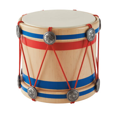 Colorful wooden drum with red and blue stripes isolated on a transparent background