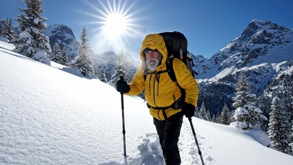 Man hiking in snowy mountains with sun shining brightly in the sky. Concept of winter adventure, outdoor activities, and exploration. Useful for travel blogs and adventure sports promotions.