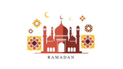Ramadan Mosque Illustration with Crescent Moons and Floral Patterns