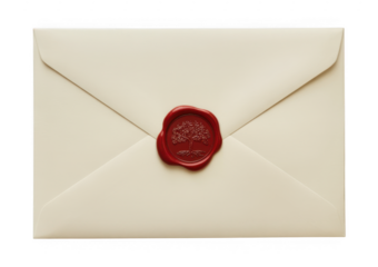 Cream envelope with red wax seal isolated on a transparent background
