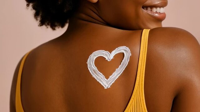Smiling woman with heart shaped body lotion on bare back wearing yellow top promoting skincare, self love and healthy glowing skin