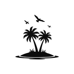 Black silhouette of a tropical island with palm trees and flying birds on a white background.