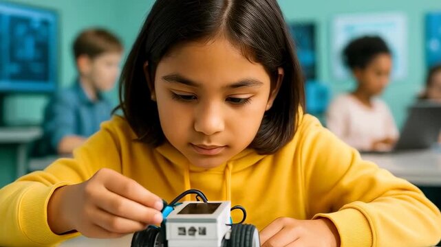 Curious girl assembling small robotic car in classroom technology lesson with diverse students learning coding and engineering together
