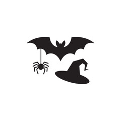Halloween Bat Spider and Witch Hat Icon Set
