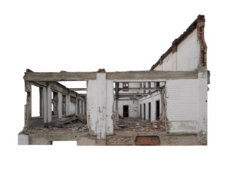 Damaged white building with exposed interior isolated on a transparent background