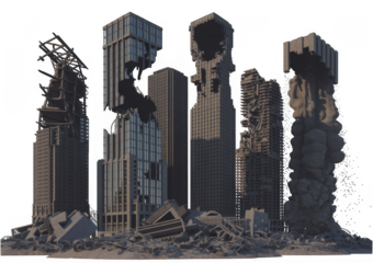 Damaged cityscape with destroyed skyscrapers and rubble destruction ruins isolated on a transparent background