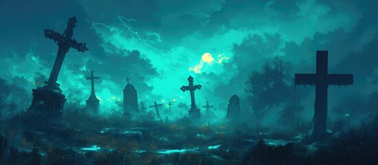Mysterious cemetery landscape under a bright full moon with silhouettes of crosses and gothic ruins, creating a dark Halloween night atmosphere