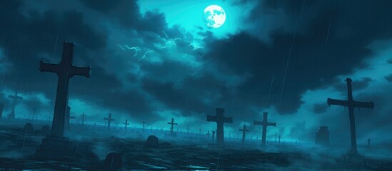 Mysterious cemetery landscape under a bright full moon with silhouettes of crosses and gothic ruins, creating a dark Halloween night atmosphere