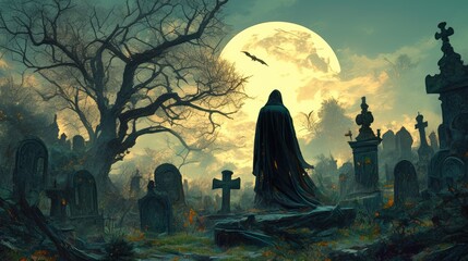 Mysterious cemetery landscape under a bright full moon with silhouettes of crosses and gothic ruins, creating a dark Halloween night atmosphere