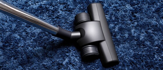 Vacuuming a blue carpet with a metallic vacuum cleaner head in a living room during daytime