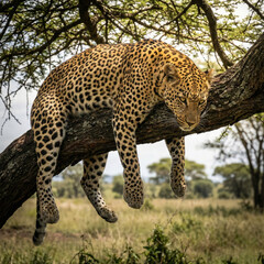 Obraz premium Portrait d'un léopard au repos sur une grosse branche d'acacia