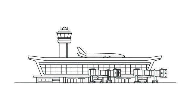 A simple line drawing depicts an airport terminal building with a control tower and airplane