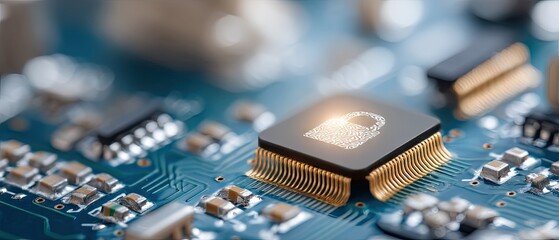 Close-up view of electronic circuit board featuring padlock symbol with blue tones and light shining from behind