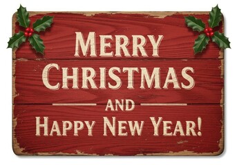 Rustic wooden sign with merry christmas and happy new year text and holly decorations, evoking a vintage holiday greeting