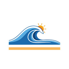 Illustration of a blue ocean wave cresting with the sun shining above it on a white background with a yellow horizon line.