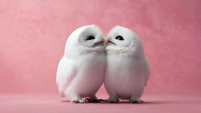 Two fluffy white owl birds in an affectionate embrace on a pink background, a cute animal couple for Valentine&rsquo;s Day and love concept.