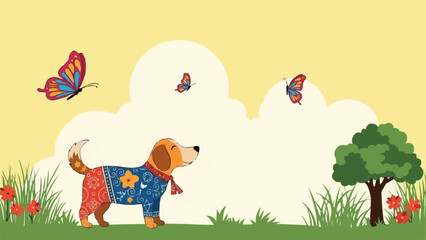 Cute dog wearing a blue jacket with yellow flowers and red pants.