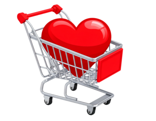 A large, glossy red heart resting in a miniature wire shopping cart