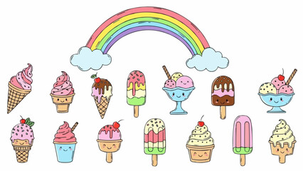 Cute Kawaii Ice Cream Collection with Rainbow and Clouds.