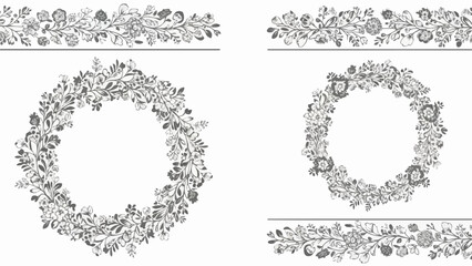 Vintage Floral Wreath and Border Designs Black and White Illustration.
