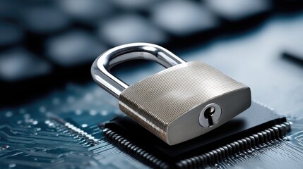 Circuit board with padlock symbol showing security and data protection concept in blue tones with focus on technology and cybersecurity themes