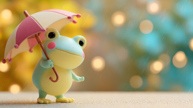 Cute cartoon frog holding a pink umbrella in a whimsical setting.