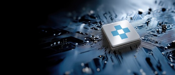 Naklejka premium Blue circuit board with a white padlock icon at the center surrounded by light rays focused on it from above in a technology setting