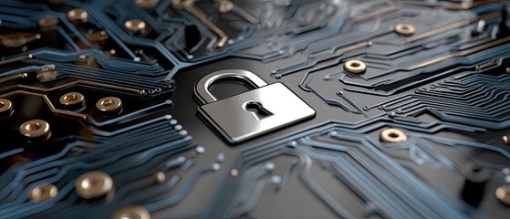 Blue circuit board with white padlock icon and light rays shining down on it