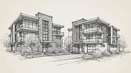 Modern Apartment Buildings Architectural Sketch.