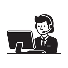Customer support representative wearing a headset working at a computer