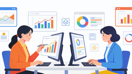 Fototapeta premium Two women working on computer data analysis