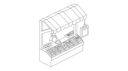 A simple line drawing depicts a market stall with a shaded canopy and displayed goods