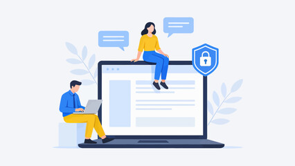 Two people on a laptop with security icon