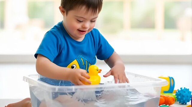 Happy boy with down syndrome playing with water and rubber duck. Sensory developmental activity for child with special needs.