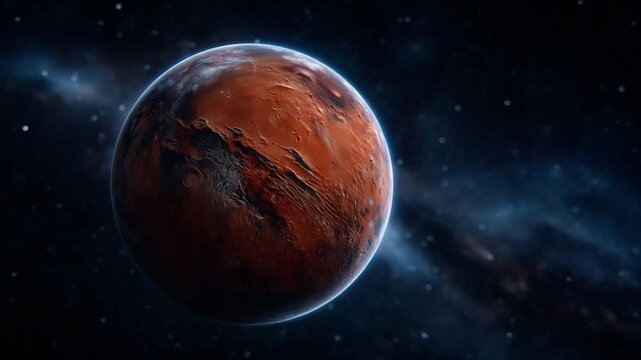 View of planet Mars floating in deep outer space, detailed red rocky surface with visible craters, valleys and geological formations, natural Martian colo