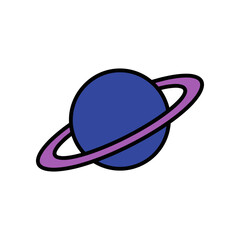 A simple cartoon drawing of a blue planet with purple rings.