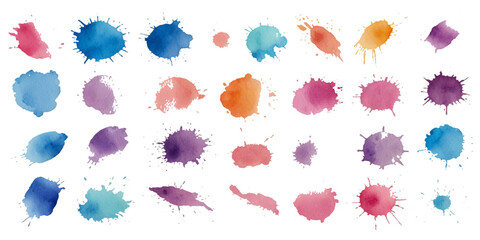 Collection of colorful abstract watercolor splashes and ink blot splatters showing grunge drops, stains, and blobs on white with dynamic artistic flow and texture

