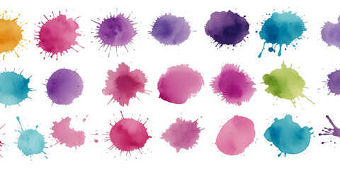 Set of vibrant abstract watercolor splashes and ink splatters featuring colorful grunge drops, stains, and blobs isolated on white with dynamic artistic fluid motion textures 
