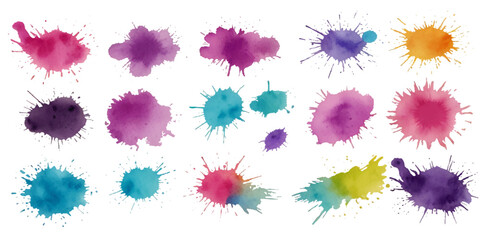 vibrant abstract watercolor and ink splatter designs with colorful grunge drops, stains, and blobs isolated on white, featuring bold artistic motion and texture

