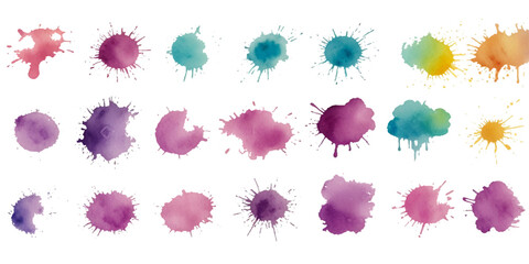 vibrant abstract watercolor paint splashes with colorful ink splatters, grunge stains, and blobs isolated on a clean white background with expressive fluid artistic motion

