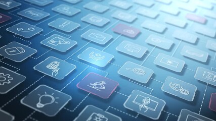 Digital app icons creating an interconnected technology network - Powered by Adobe