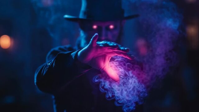 Man with glowing eyes, conjuring mystical energy between his hands with purple smoke. Magic ritual for occult special effect.