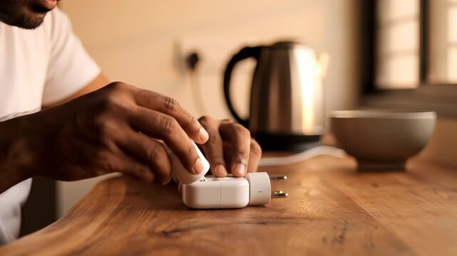 Man plugs smart plug into power adapter on kitchen table. Person connects smart home device near kettle. Smart plug setup for home automation. Electric plug connects to adapter in kitchen.